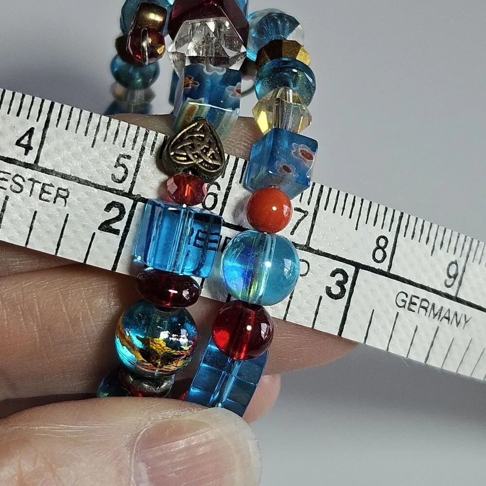 Blue Red Gold Tone Glass Beaded Wrap Bracelet